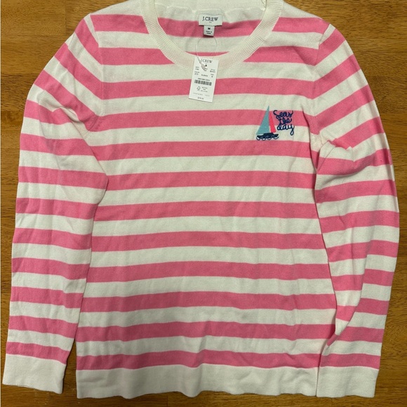 NWT J. Crew Pink White Striped Pullover Sweater ‘Seas The Day’ Size Medium - Picture 2 of 7